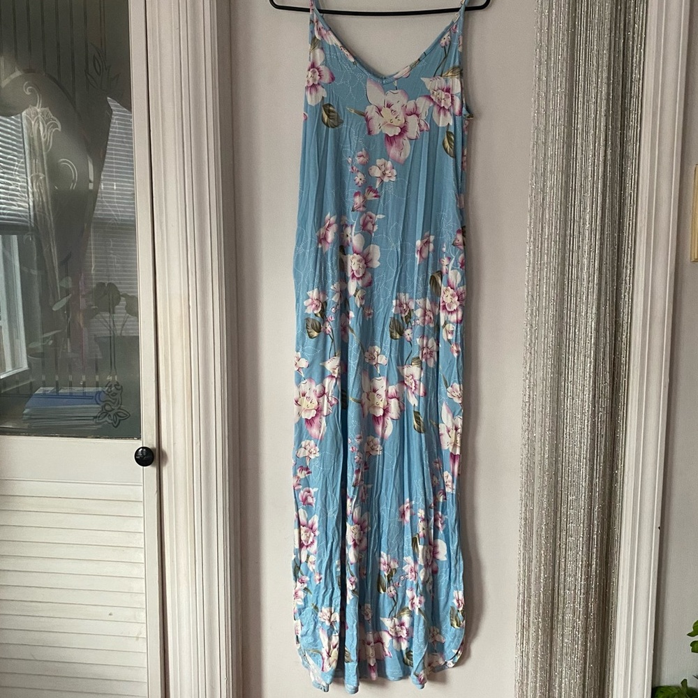 Women's Summer Light Blue Maxi Dress Long Side Pockets Double Side Slits Floral - Picture 4 of 10